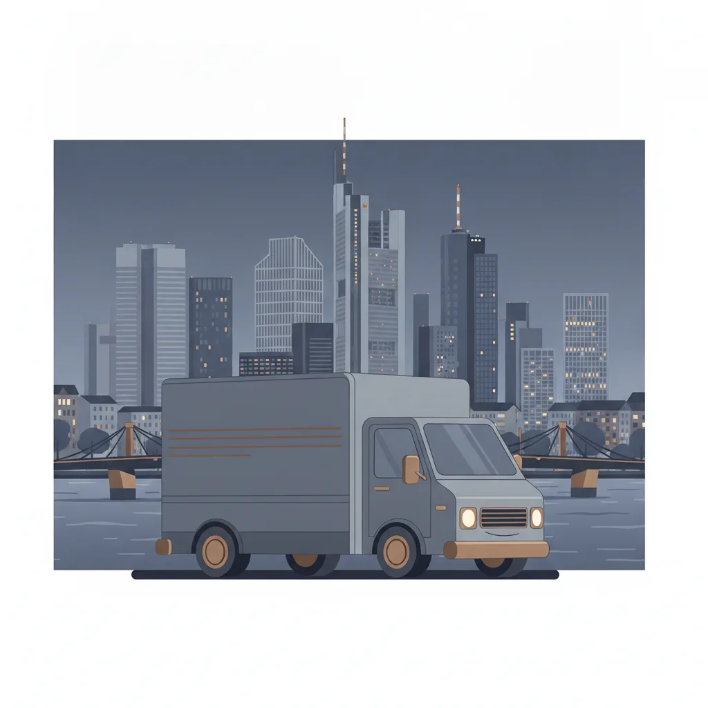 Beiladung ab Frankfurt – Transporter vor der Frankfurter Skyline am Main