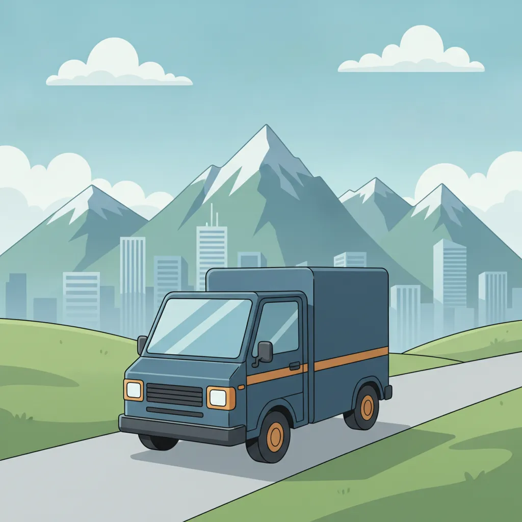 Comic-Illustration: kleiner stahlblauer Transporter fährt von der Frankfurter Skyline aus Richtung Schweizer Alpenpanorama – Beiladung von Frankfurt in die Schweiz