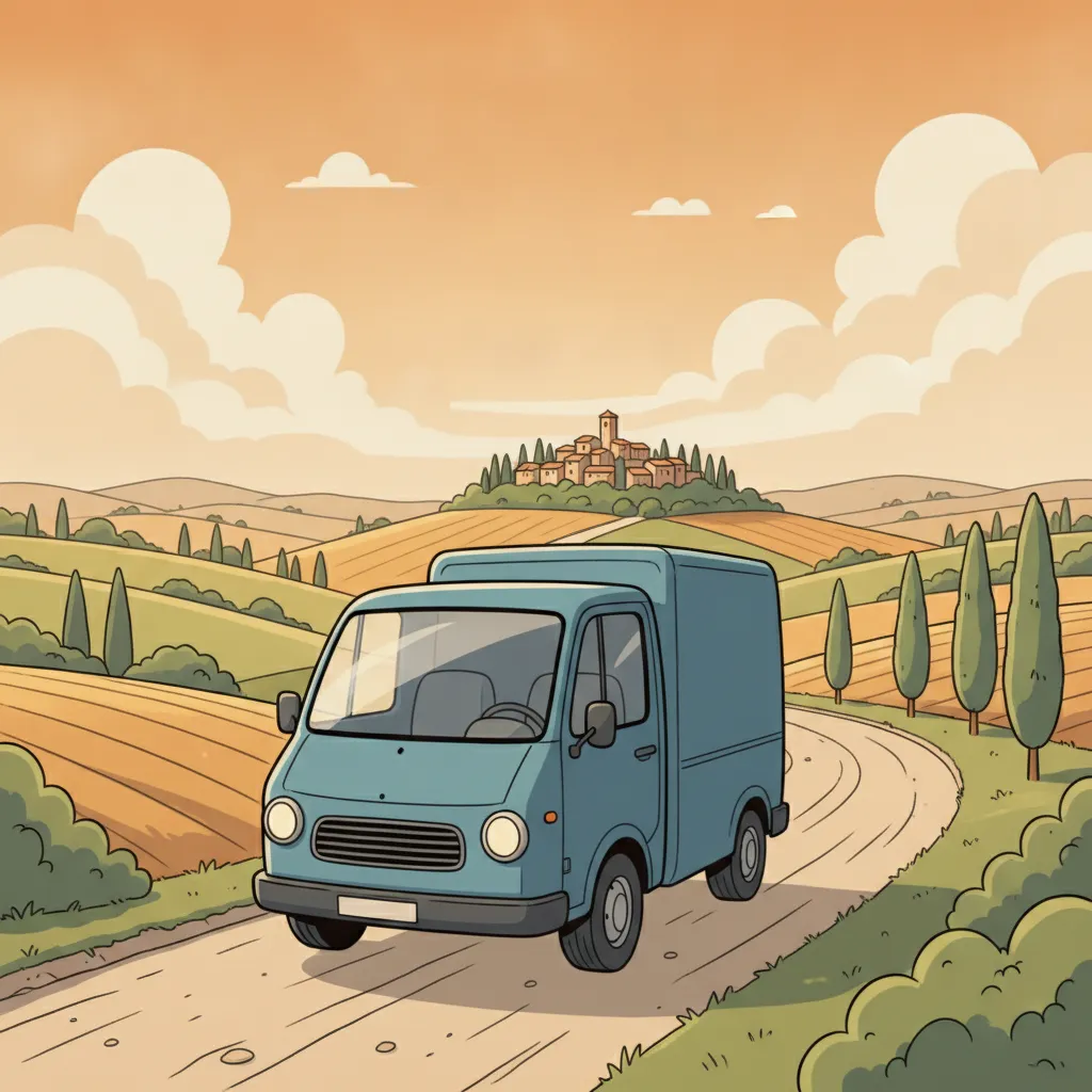 Comic-Illustration: kleiner Transporter fährt vor italienischer Hügellandschaft mit Zypressen – Beiladung von Frankfurt nach Italien