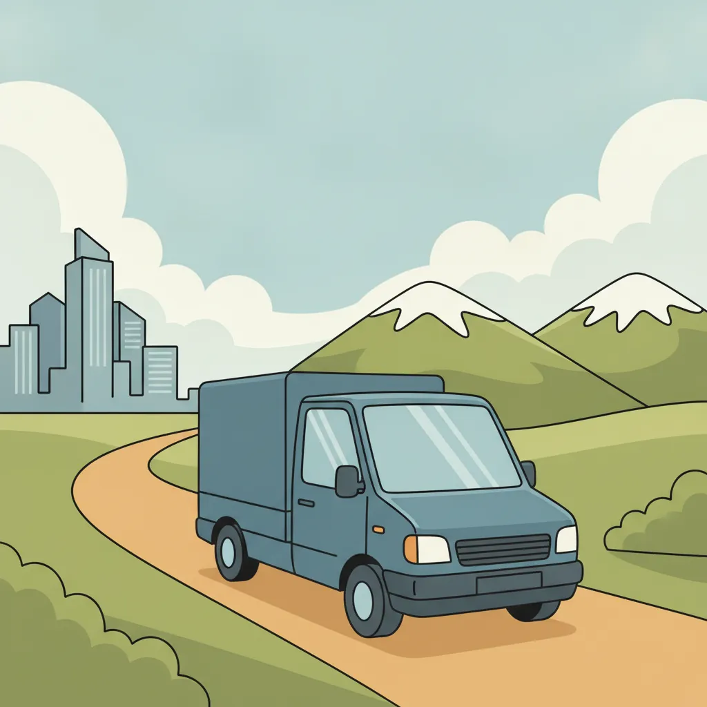 Comic-Illustration: kleiner Transporter fährt von der Frankfurter Skyline vor österreichischem Alpenpanorama – Beiladung von Frankfurt nach Österreich