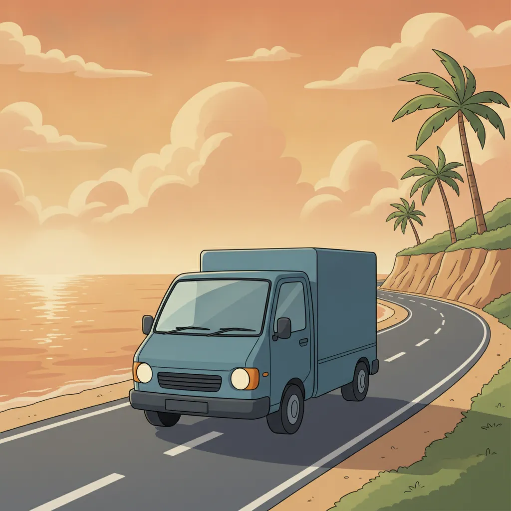 Comic-Illustration: kleiner Transporter fährt vor spanischer Mittelmeerküste mit Palmen – Beiladung von Frankfurt nach Spanien