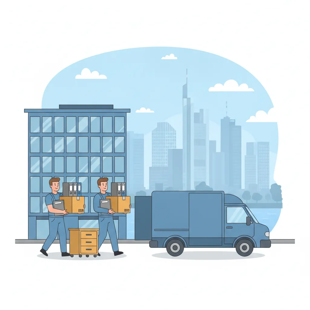 Comic-Illustration: zwei Träger verladen verpackte Bürokartons, Aktenordner und einen Schreibtischcontainer in einen geschlossenen Kastenwagen vor einem Frankfurter Bürohaus mit der Hochhaus-Skyline (Mainhattan) im Hintergrund – Büroumzug in Frankfurt
