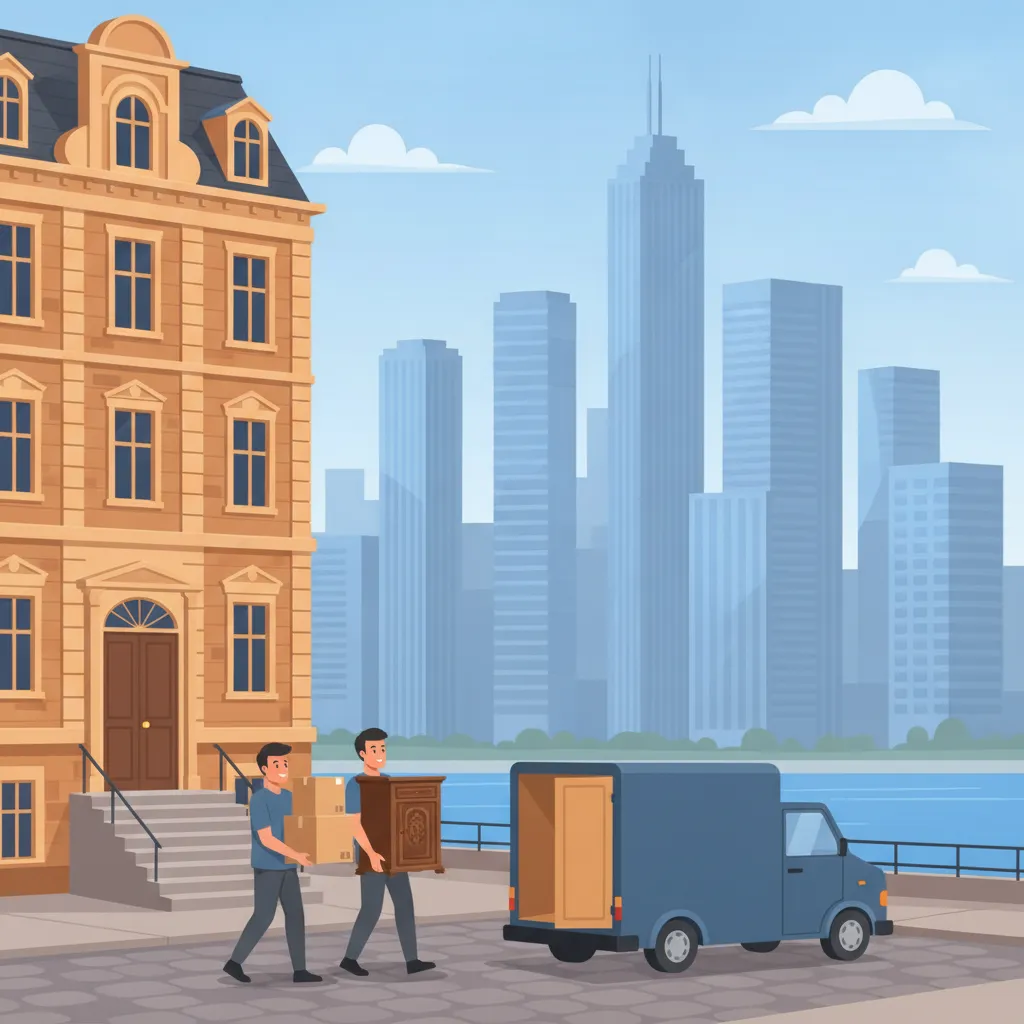 Comic-Illustration: zwei Helfer tragen Kartons und alte Möbel aus einem Gründerzeit-Altbau ohne Aufzug zum offenen Transporter, im Hintergrund die Frankfurter Hochhaus-Skyline am Main – Entrümpelung in Frankfurt