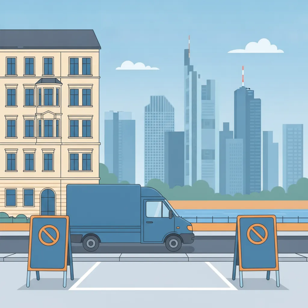 Comic-Illustration: zwei mobile Halteverbotsschilder mit freier Parklücke vor einem Frankfurter Gründerzeit-Altbau, im Hintergrund die Mainhattan-Skyline, ein Transporter fährt heran – mobiles Halteverbot für den Umzug in Frankfurt