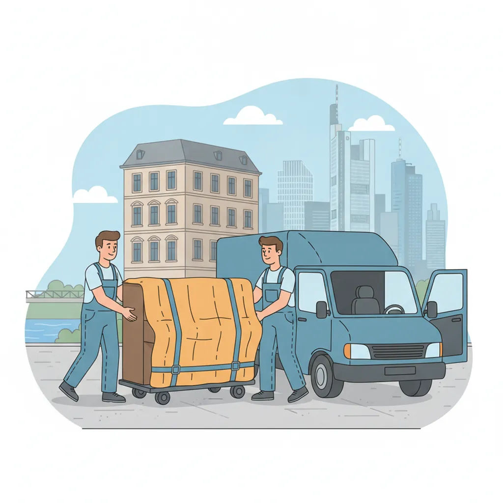 Comic-Illustration: zwei Träger bewegen ein gepolstertes Klavier auf einem Klavierroller zum Transporter vor einem Frankfurter Gründerzeit-Altbau, im Hintergrund die Hochhaus-Skyline am Main – Klaviertransport in Frankfurt