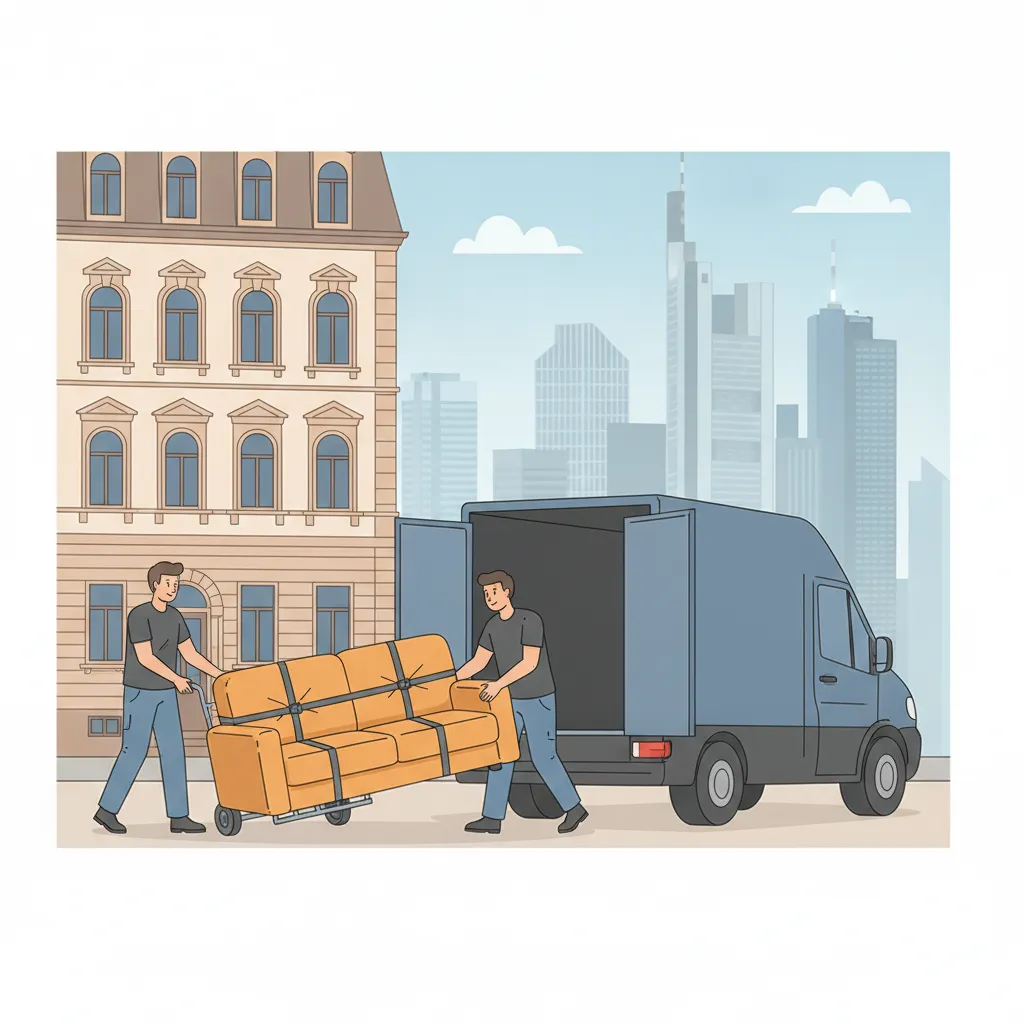 Comic-Illustration: zwei Träger schieben ein in Decken gepacktes Sofa auf einer Sackkarre zum Kastenwagen vor einem Frankfurter Gründerzeit-Altbau im Nordend, im Hintergrund die Hochhaus-Skyline von Mainhattan – Kleintransport in Frankfurt