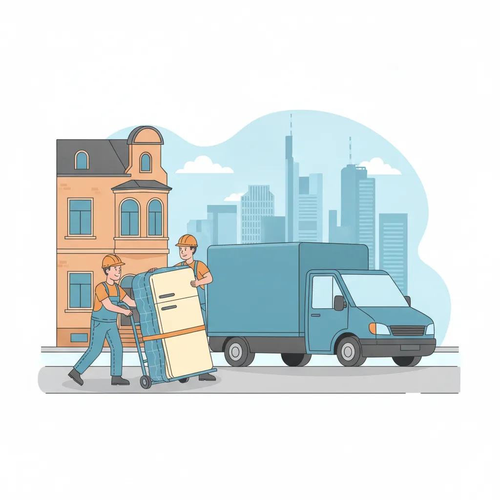 Comic-Illustration: zwei Träger bewegen einen stehend gesicherten Kühlschrank auf einer Sackkarre zum Transporter vor einem Frankfurter Gründerzeit-Altbau im Nordend mit der Mainhattan-Skyline im Hintergrund – Kühlschrank-Transport in Frankfurt