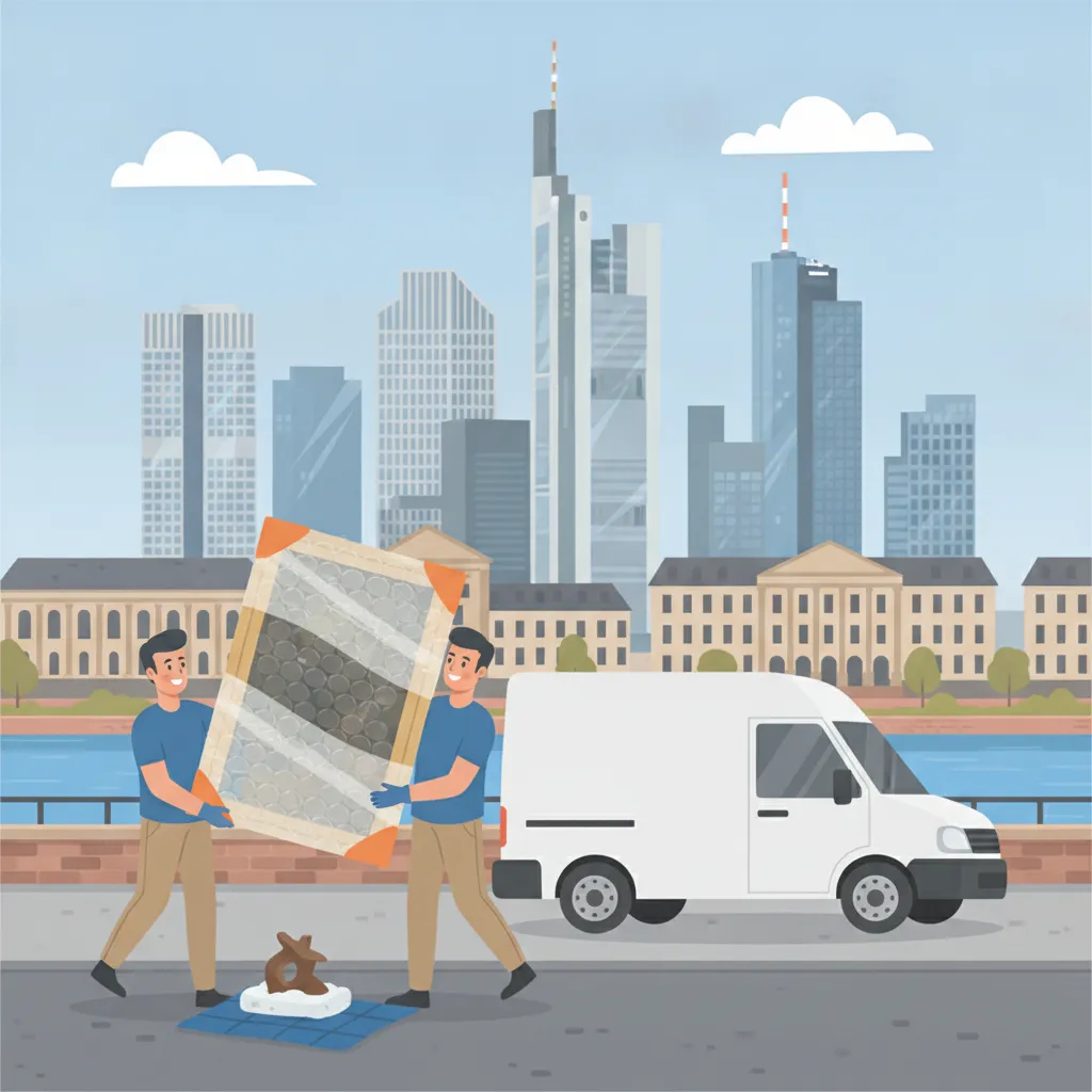 Comic-Illustration: zwei Träger tragen ein in Luftpolster und Holzkiste verpacktes gerahmtes Gemälde zu einem Transporter vor der Frankfurter Skyline mit Hochhäusern am Main – Kunsttransport in Frankfurt