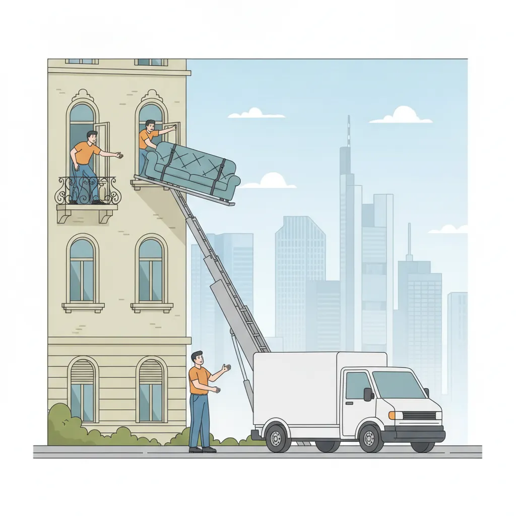 Comic-Illustration: ein schräg aufgestellter Möbellift hebt eine gepolsterte Couch an der Fassade eines Frankfurter Gründerzeit-Altbaus im Nordend hinauf zu einem geöffneten Fenster im oberen Stockwerk, im Hintergrund die Hochhaus-Skyline von Mainhattan – Möbellift mieten in Frankfurt