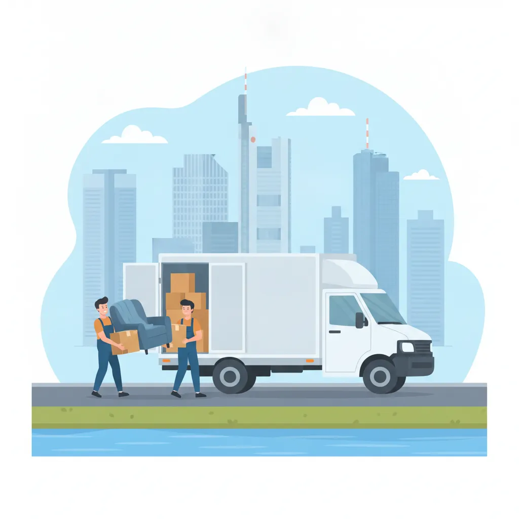 Comic-Illustration: Träger laden gepolsterte Möbel als Beiladung in einen großen Transporter, der schon halb mit fremdem Umzugsgut beladen ist, vor der Frankfurter Skyline mit Hochhäusern und Mainufer im Hintergrund – Möbelmitfahrzentrale in Frankfurt