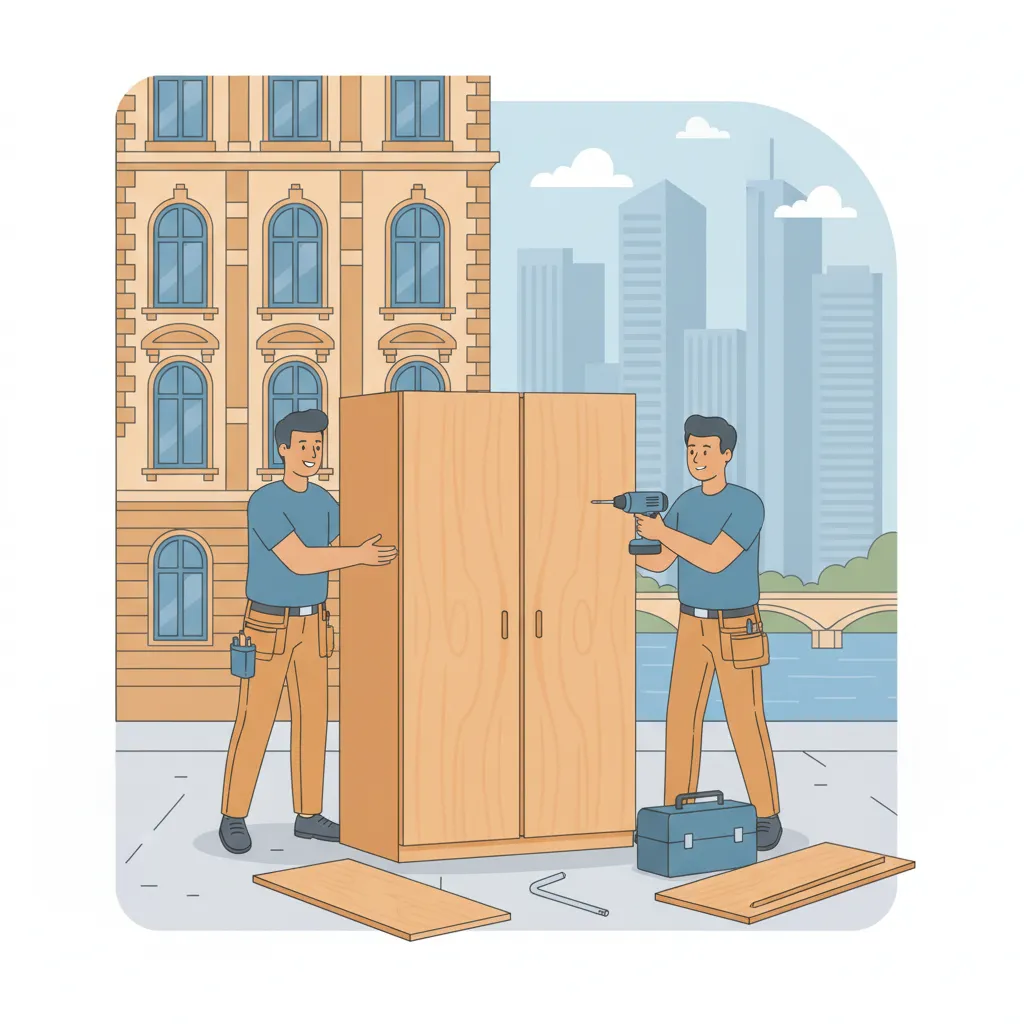 Comic-Illustration: zwei Monteure bauen einen Kleiderschrank vor einem Frankfurter Gründerzeit-Altbau auf, im Hintergrund die Hochhaus-Skyline am Main – Möbelmontage in Frankfurt