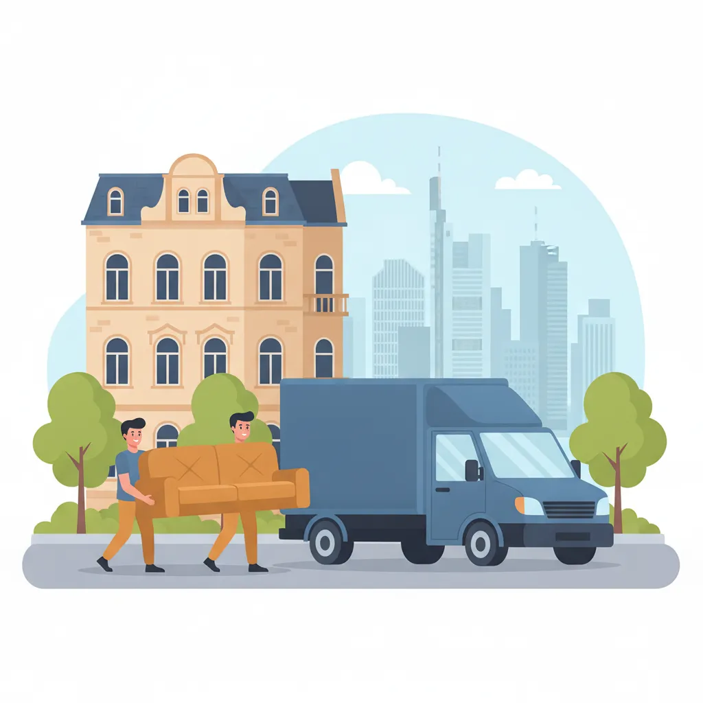 Comic-Illustration: zwei Träger laden ein gepolstertes Sofa in einen kompakten Transporter vor einem Frankfurter Gründerzeit-Altbau, im Hintergrund die Mainhattan-Skyline – Möbeltaxi in Frankfurt