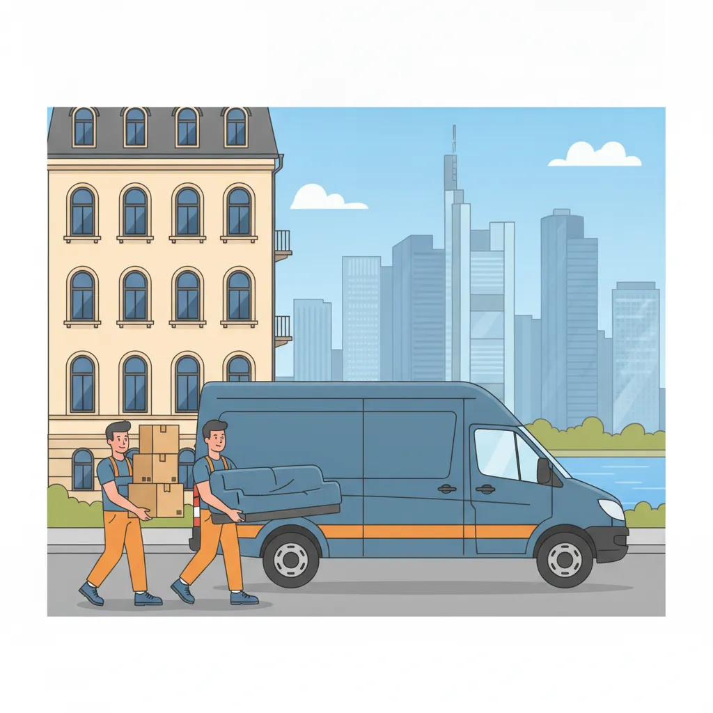 Comic-Illustration: zwei Träger verladen gepolsterte Umzugskartons und ein Sofa in einen geschlossenen Kastenwagen vor einem Frankfurter Gründerzeit-Altbau, im Hintergrund die Hochhaus-Skyline am Main – Stadtumzug in Frankfurt