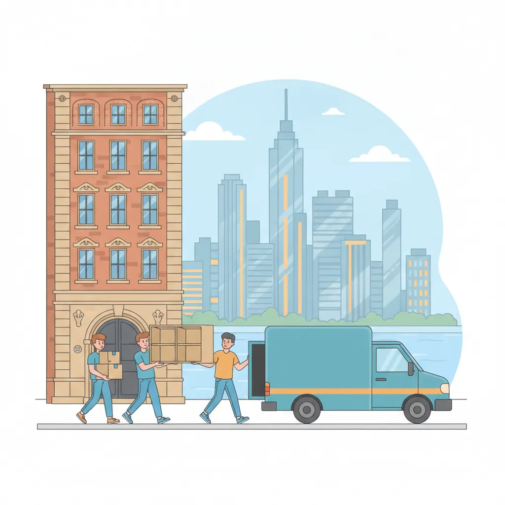 Comic-Illustration: drei junge Umzugshelfer tragen Umzugskartons und ein Bücherregal aus einem Frankfurter Gründerzeit-Altbau zu einem Transporter, im Hintergrund die Mainhattan-Skyline mit Hochhäusern – studentische Umzugshelfer in Frankfurt am Main