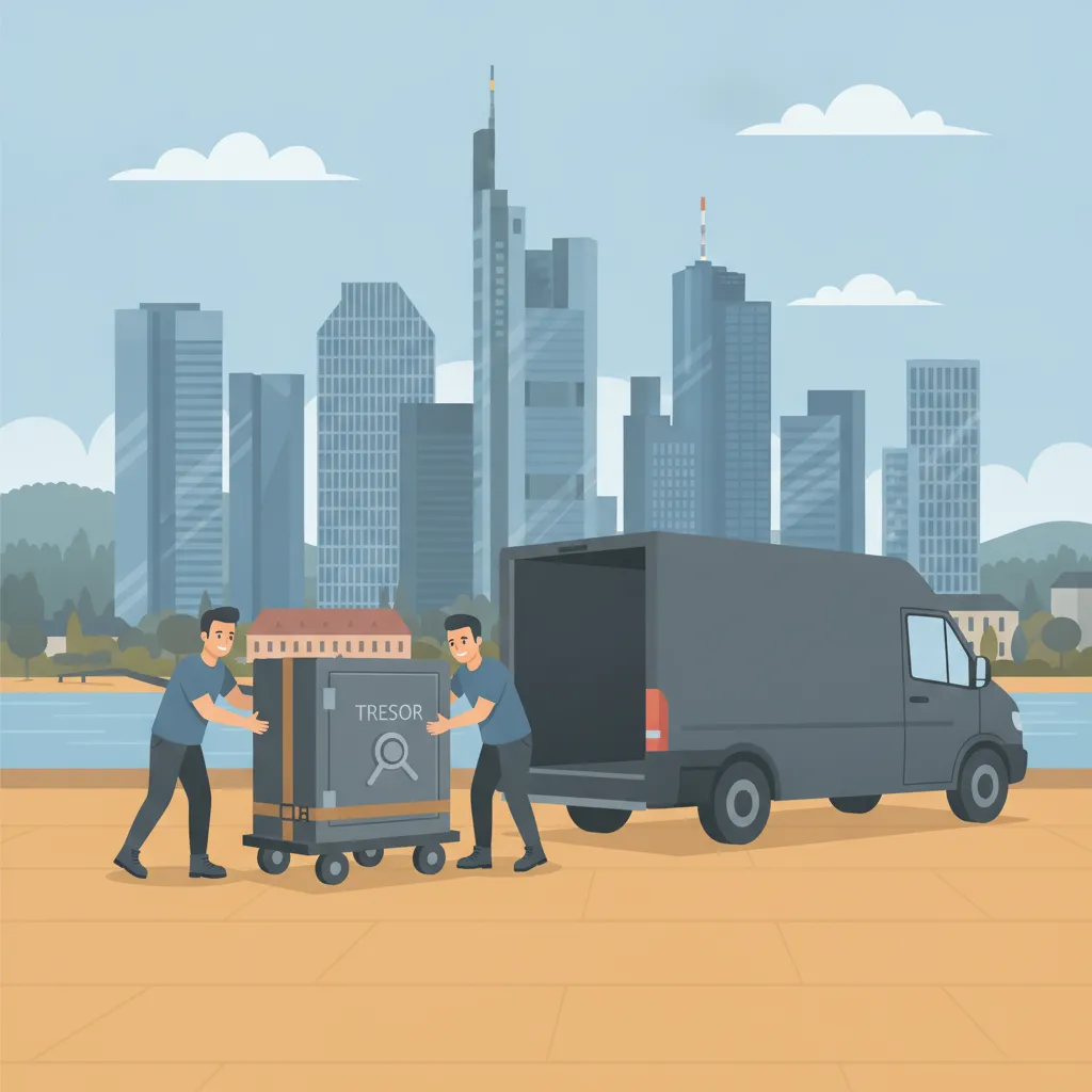 Comic-Illustration: zwei Träger bewegen einen schweren Tresor auf einem Schwerlast-Rollwagen zum Transporter vor der Frankfurter Skyline mit Hochhäusern am Main – Tresortransport in Frankfurt