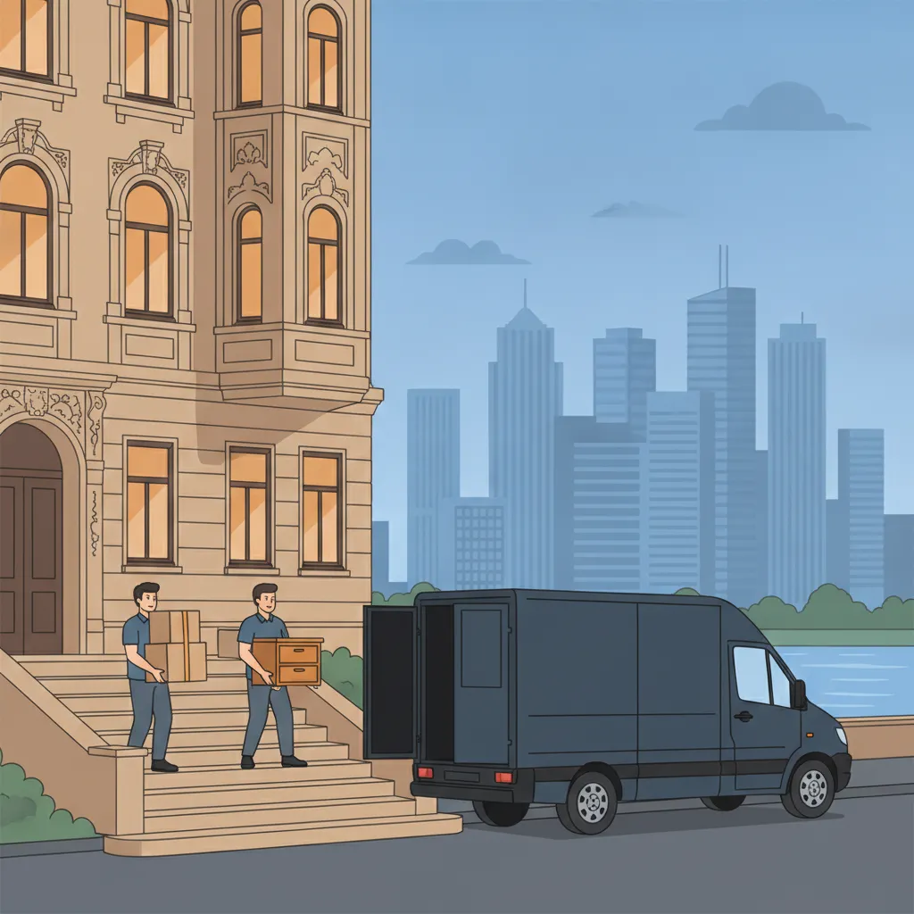 Comic-Illustration: zwei Umzugshelfer in Arbeitskleidung tragen gemeinsam einen Karton und eine Kommode aus einem Frankfurter Gründerzeit-Altbau die Treppe hinab zum Transporter, im Hintergrund die Hochhaus-Skyline am Main – Umzugshelfer in Frankfurt