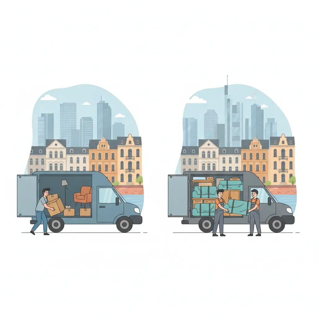 Comic-Illustration: ein gemieteter Kastenwagen und daneben ein Beiladungs-Transporter mit Möbeln auf gemeinsamer Tour vor der Frankfurter Skyline mit Hochhäusern am Main und Gründerzeit-Altbauten – Umzugswagen mieten oder Beiladung in Frankfurt