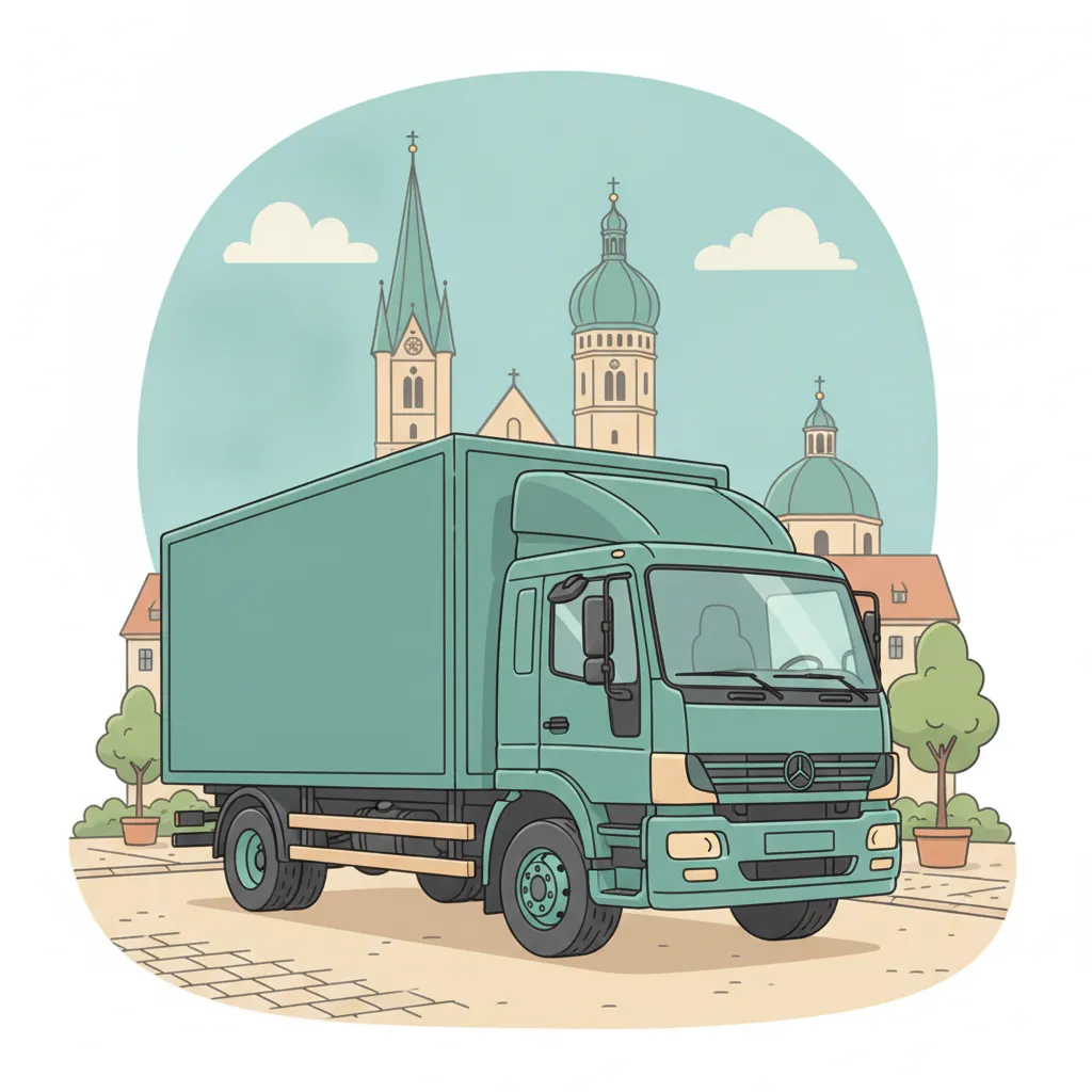 Comic-Illustration: geschlossener Umzugstransporter erreicht Augsburg – Beiladung von Frankfurt nach Augsburg