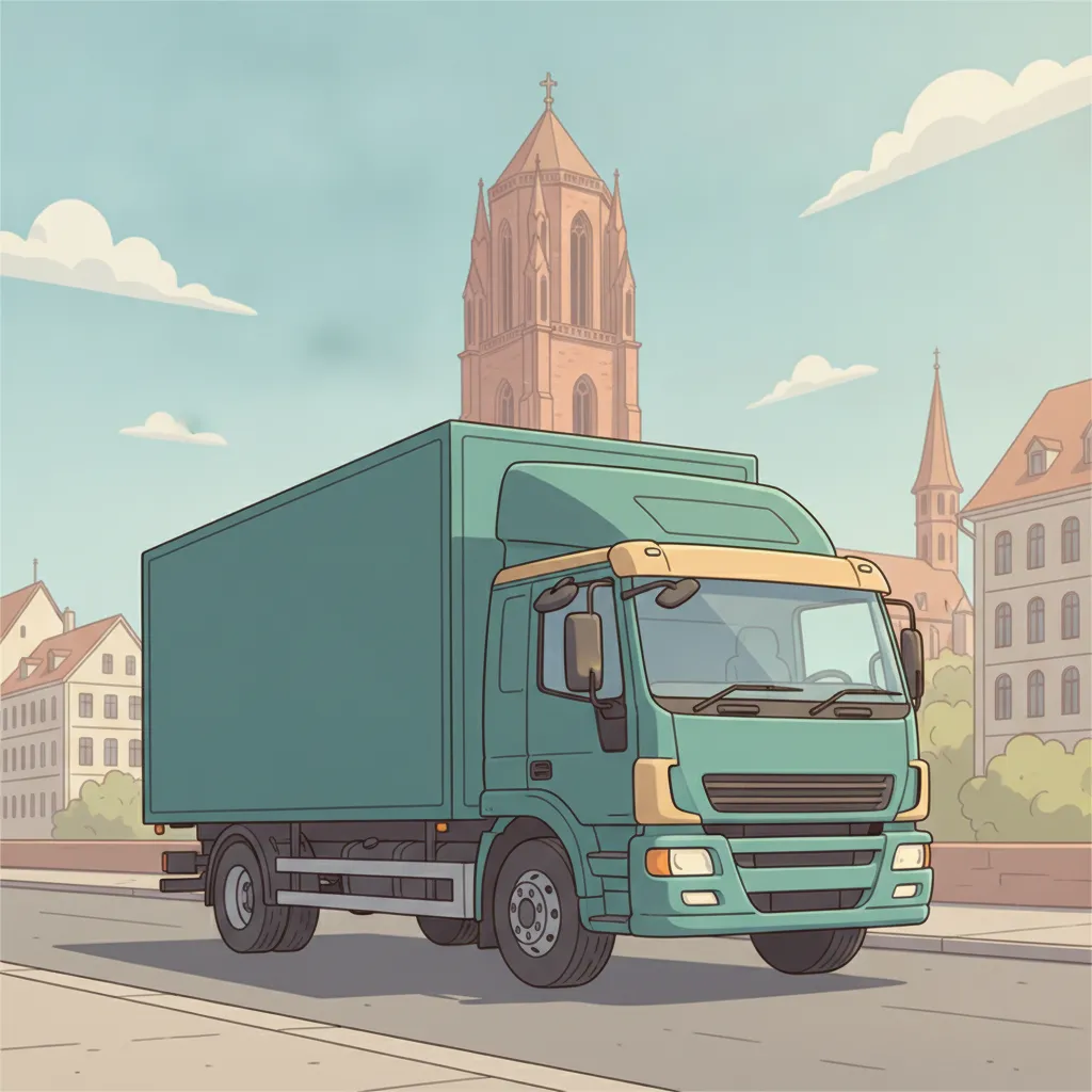 Comic-Illustration: geschlossener Umzugstransporter erreicht Basel – Beiladung von Frankfurt nach Basel