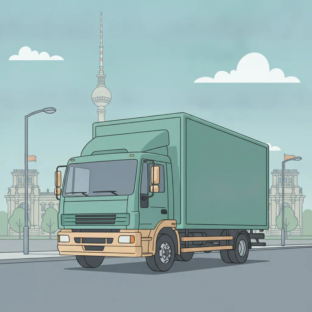 Comic-Illustration: geschlossener Umzugstransporter erreicht Berlin – Beiladung von Frankfurt nach Berlin