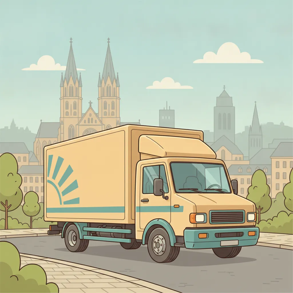 Comic-Illustration: geschlossener Umzugstransporter erreicht Bonn – Beiladung von Frankfurt nach Bonn