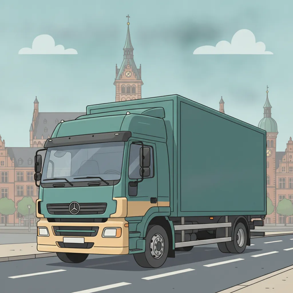 Comic-Illustration: geschlossener Umzugstransporter erreicht Bremen – Beiladung von Frankfurt nach Bremen
