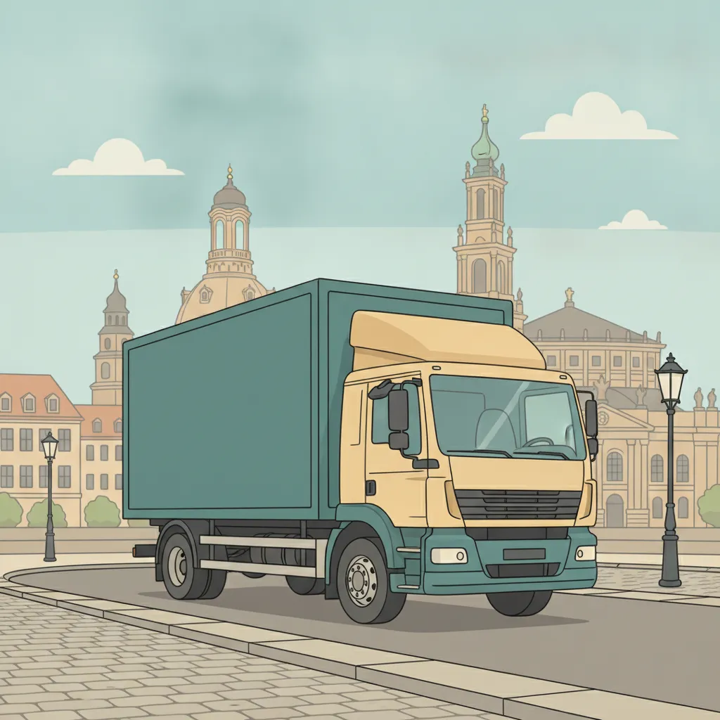 Comic-Illustration: geschlossener Umzugstransporter erreicht Dresden – Beiladung von Frankfurt nach Dresden