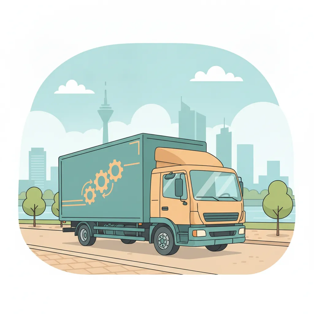 Comic-Illustration: geschlossener Umzugstransporter erreicht Düsseldorf – Beiladung von Frankfurt nach Düsseldorf