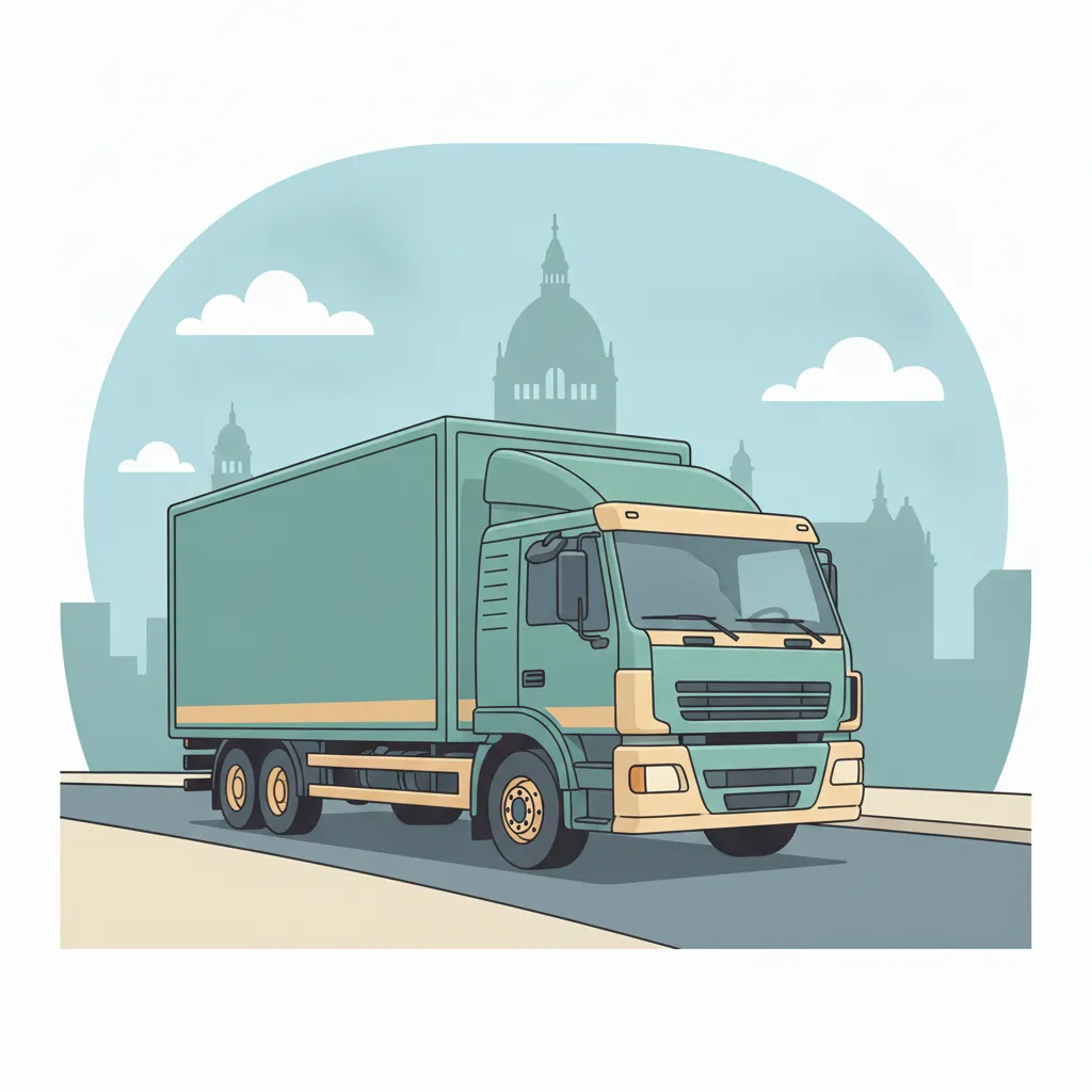 Comic-Illustration: geschlossener Umzugstransporter erreicht Hannover – Beiladung von Frankfurt nach Hannover