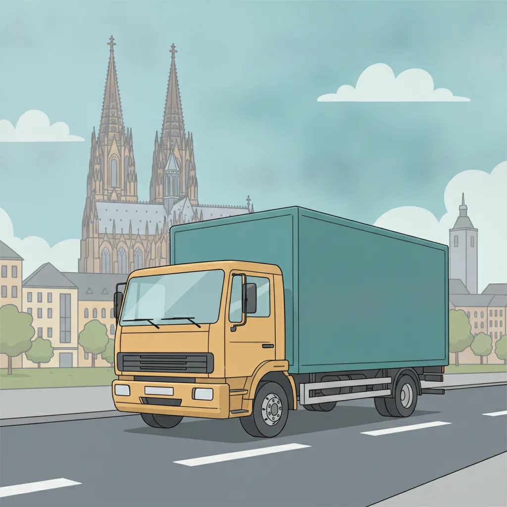 Comic-Illustration: geschlossener Umzugstransporter erreicht Köln – Beiladung von Frankfurt nach Köln