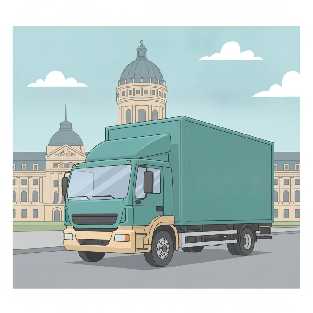 Comic-Illustration: geschlossener Umzugstransporter erreicht Mannheim – Beiladung von Frankfurt nach Mannheim