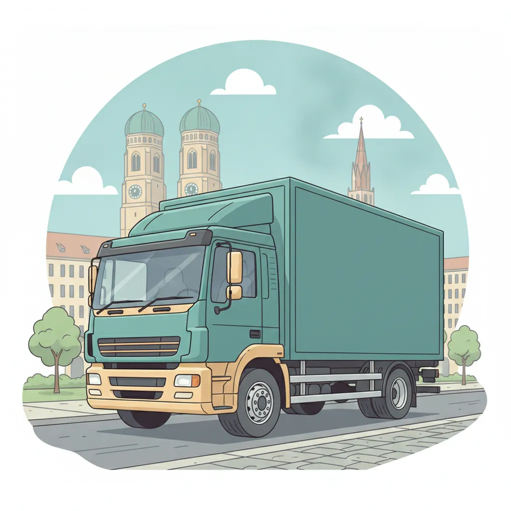 Comic-Illustration: geschlossener Umzugstransporter erreicht München – Beiladung von Frankfurt nach München