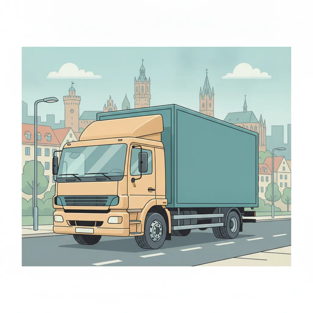 Comic-Illustration: geschlossener Umzugstransporter erreicht Nürnberg – Beiladung von Frankfurt nach Nürnberg