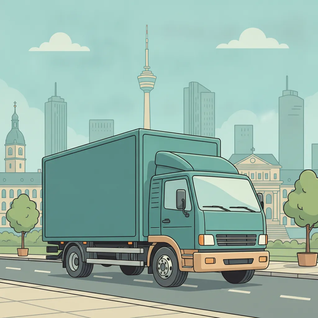 Comic-Illustration: geschlossener Umzugstransporter erreicht Stuttgart – Beiladung von Frankfurt nach Stuttgart